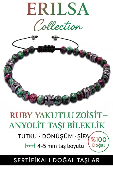 Sertifikalı Fasetli Terahertz – Ruby Zoisite (Anyolit) Taşı Bileklik (İnce Model) – Tutku, Denge ve Ruhsal Güç Taşı ürün görseli 1
