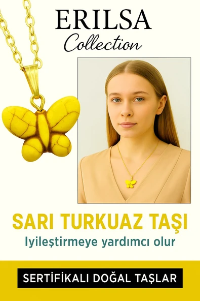 Sertifikalı Sarı Renkli Kelebek Model Sarı Turkuaz Taşı Kolye – Enerji, Yenilik ve Ruhsal Koruma Taşı ürün görseli 1