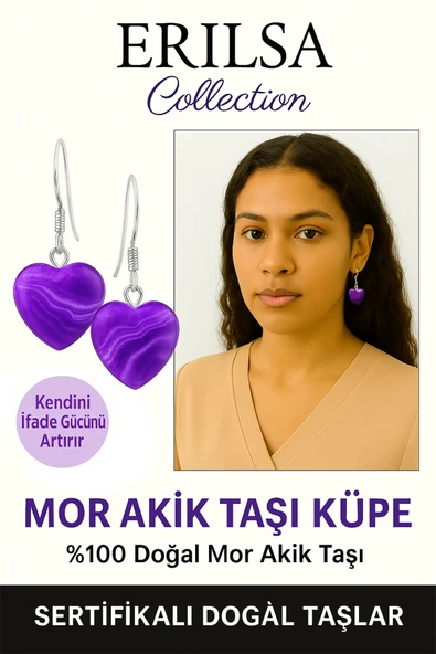 Sertifikalı Kalp Model Mini Mor Akik Taşı Doğal Taş Küpe – Koruma, Denge ve Ruhsal Şifa Taşı ürün görseli 1