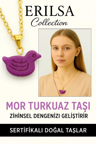 Sertifikalı Kuş Model Mor Turkuaz Taşı Kolye – Ruhsal Denge, Şans ve Koruma Taşı ürün görseli 1