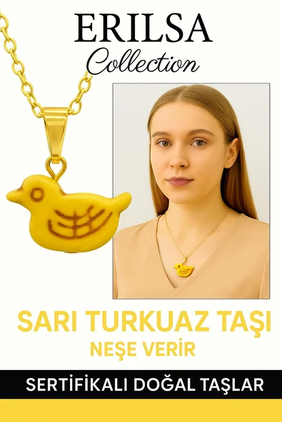 Sertifikalı Sarı Renkli Kuş Model Firuze (Turkuaz) Taşı Kolye – Özgürlük, Şans ve Koruma Taşı ürün görseli 1
