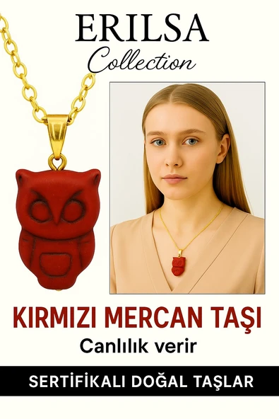 Sertifikalı Baykuş Model Kırmızı Mercan Kolye – Bilgelik, Enerji ve Cesaret Taşı ürün görseli 1