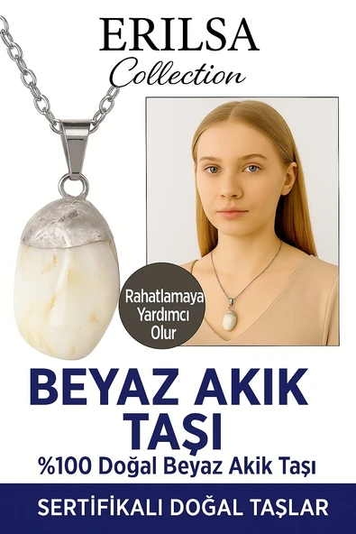 Sertifikalı Beyaz Akik Taşı Kolye – İç Huzur, Denge ve Negatif Enerji Koruma Taşı ürün görseli 1