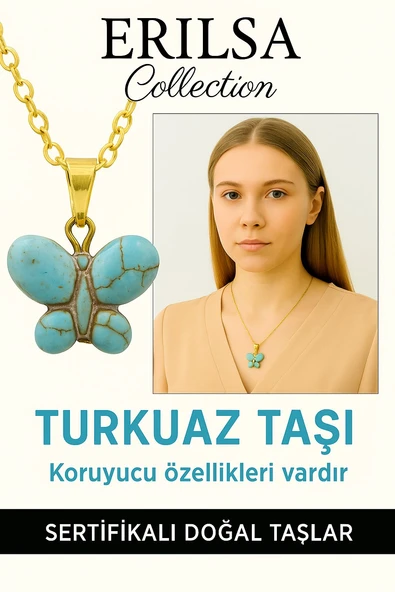 Sertifikalı Altın Renkli Kelebek Firuze (Turkuaz) Kolye – Özgürlük, Koruma ve Ruhsal Denge Taşı ürün görseli 1
