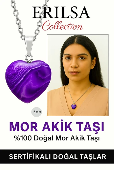Sertifikalı Kalp Model Mini Boy Mor Akik Taşı Kolye – Koruma, Denge ve Ruhsal Şifa Taşı ürün görseli 1