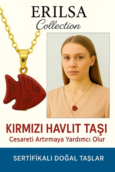 Sertifikalı Sarı Renkli Balık Model Kırmızı Havlit Taşı Kolye ürün görseli 1