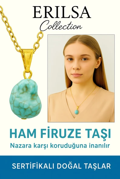 Sertifikalı Altın Renkli Ham İşlenmemiş Firuze (Turkuaz) Kolye – Koruma, Şans ve Ruhsal Huzur Taşı ürün görseli 1