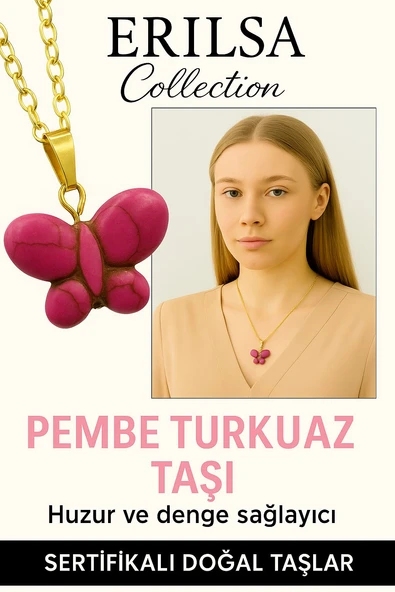 Sertifikalı Kelebek Model Pembe Turkuaz Taşı Kolye – Sevgi, Denge ve Pozitif Enerji Taşı ürün görseli 1