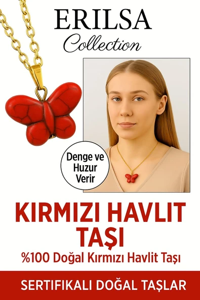 Sertifikalı Sarı Renkli Kelebek Model Kırmızı Havlit Taşı Kolye – Enerji, Denge ve Dönüşüm Taşı ürün görseli 1