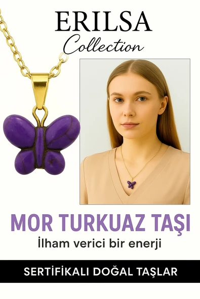 Sertifikalı Sarı Renkli Kelebek Model Mor Turkuaz Taşı Kolye – Ruhsal Denge, Şans ve Yenilenme Taşı ürün görseli 1