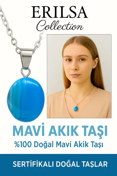 Sertifikalı Oval Mavi Akik Taşı Kolye – Sakinlik, İfade Gücü ve Ruhsal Koruma Taşı ürün görseli 1