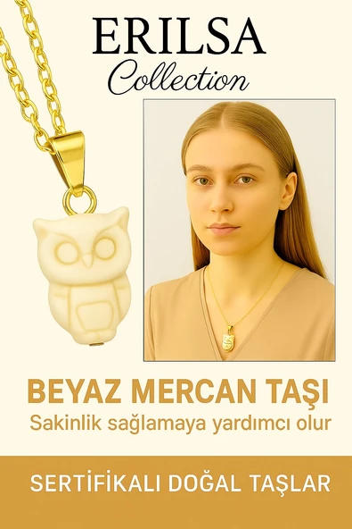 Sertifikalı Baykuş Model Beyaz Mercan Taşı Kolye – Bilgelik, Saflık ve Ruhsal Koruma Taşı ürün görseli 1