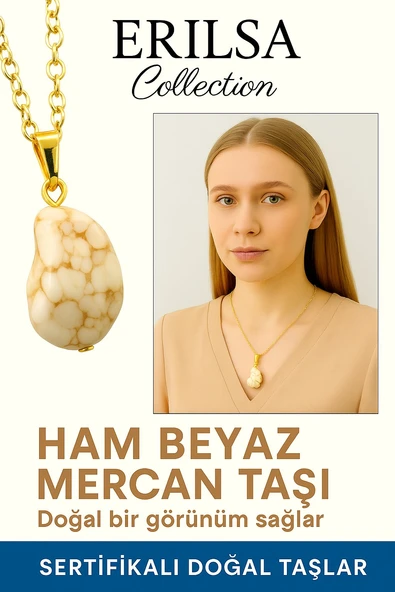 Sertifikalı Altın Renkli Ham Beyaz Mercan Taşı Kolye – Saflık, Huzur ve Spiritüel Koruma ürün görseli 1