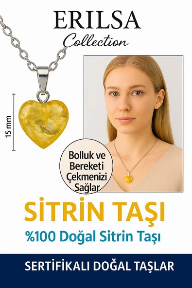 Sertifikalı Kalp Model Mini Sitrin Taşı Kolye – Neşe, Bolluk ve Pozitif Enerji Taşı ürün görseli 1