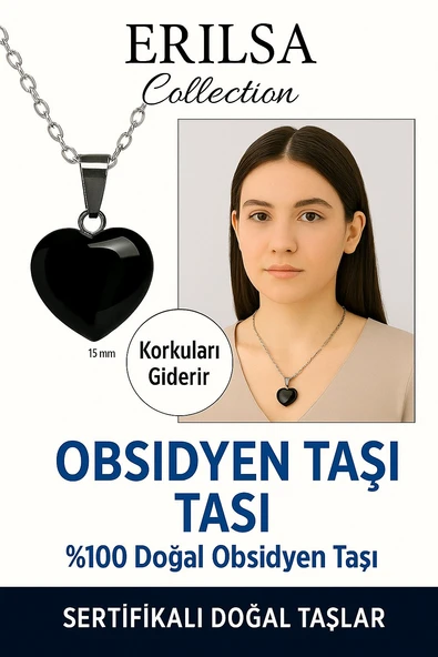 Sertifikalı Kalp Model Mini Siyah Obsidyen Taşı Kolye – Koruma, Arınma ve Duygusal Güç Taşı ürün görseli 1