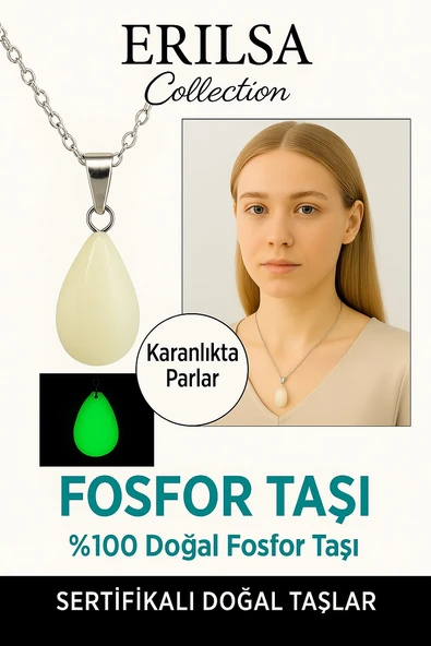 Sertifikalı Damla Model Fosfor Taşı Kolye – Karanlıkta Parlayan Doğal Enerji Taşı ürün görseli 1