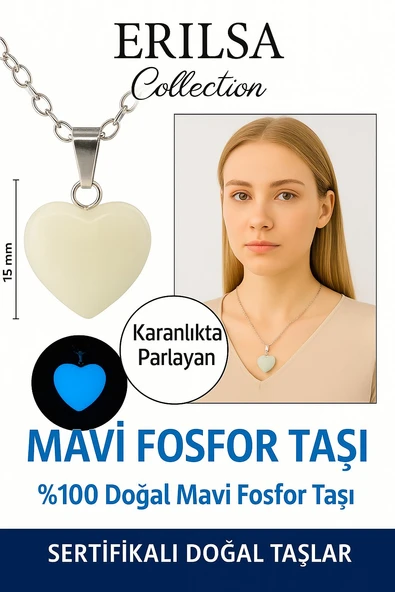 Sertifikalı Kalp Model Mini Mavi Fosfor Kolye – Parlayan Enerji ve Pozitif Titreşim Taşı ürün görseli 1