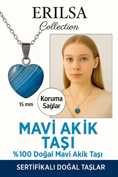 Sertifikalı Kalp Model Mini Mavi Akik Taşı Kolye – Sakinlik, İfade Gücü ve Koruma Taşı ürün görseli 1