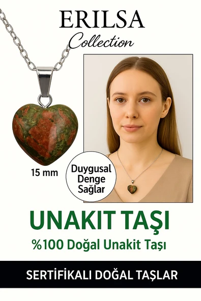 Sertifikalı Kalp Model Mini Unakit Taşı Kolye – Şifa, Denge ve Duygusal Uyum Taşı ürün görseli 1