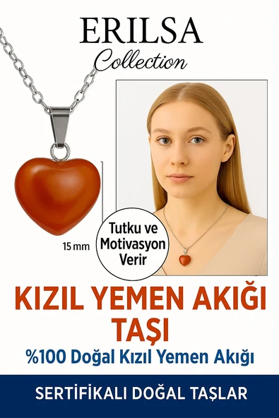 Sertifikalı Kalp Model Kızıl Yemen Akiği Kolye – Nazar ve Stresi Önleyen Doğal Taş ürün görseli 1