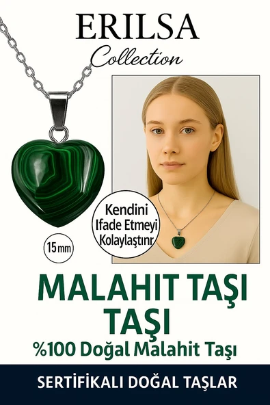 Sertifikalı Kalp Model Mini Malahit Taşı Kolye – Koruma, Dönüşüm ve Kalp Gücü Taşı ürün görseli 1