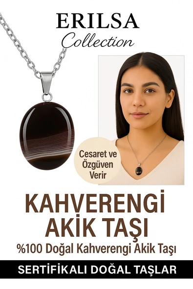 Sertifikalı Oval Kahverengi Akik Taşı Doğal Taş Kolye – Gümüş Aparatlı Denge ve Koruma Taşı ürün görseli 1