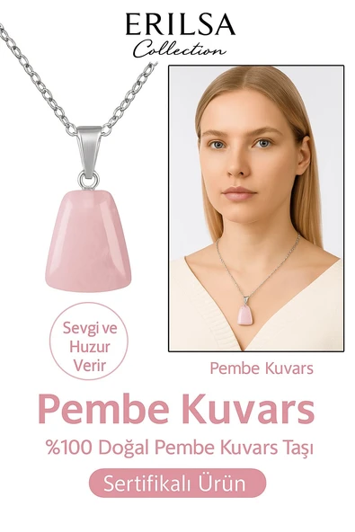 Sertifikalı AAA+ Pembe Kuvars Taşı Kolye – Beşgen Model, Gümüş Aparatlı ürün görseli 1