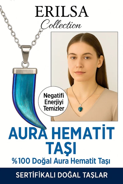 Sertifikalı Boynuz Model Mavi Aura Hematit Kolye – Negatif Enerjiye Karşı Koruyucu Taş ürün görseli 1