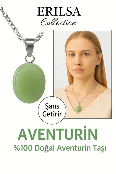 Sertifikalı AAA+ Oval Aventurin Taşı Doğal Taş Kolye - Gümüş Aparatlı Şans ve Bolluk Getirir ürün görseli 1