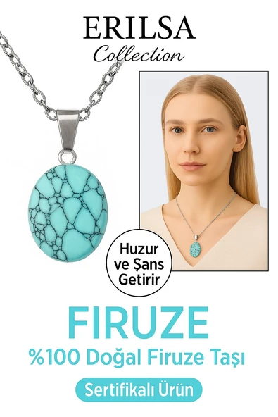 Sertifikalı AAA+ Oval Firuze Turkuaz Taşı Kolye - Gümüş Aparat Nazara Karşı Koruma ve Huzur Sağlar ürün görseli 1