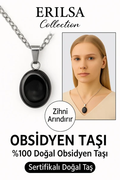 Sertifikalı Oval Siyah Obsidyen Taşı Doğal Taş Kolye - Gümüş Aparat Negatif Enerji Temizliği Koruma ürün görseli 1
