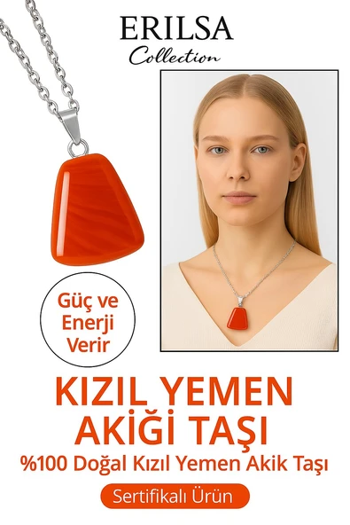 Sertifikalı AAA+ Kızıl Yemen Akiği Kolye – Beşgen Model, Gümüş Aparatlı ürün görseli 1