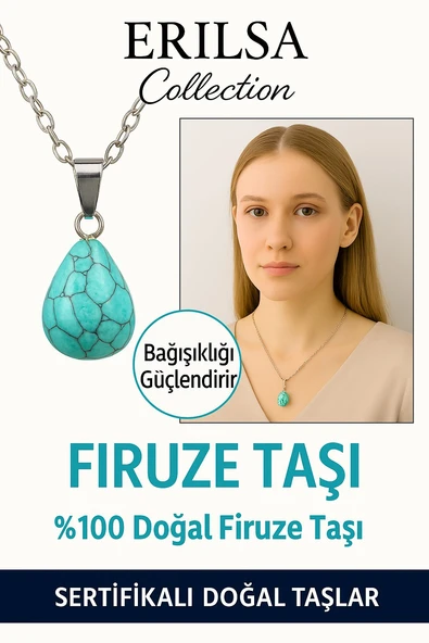 Sertifikalı Damla Model Firuze Taşı Kolye – Koruma, İletişim ve Huzur Turkuaz Taşı ürün görseli 1