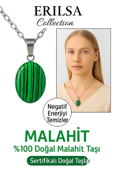 Sertifikalı Malahit Taşı Doğal Taşı Kolye Gümüş Aparat Ağrıları Hafiflet ve Negatif Enerjiyi Yok Et ürün görseli 1