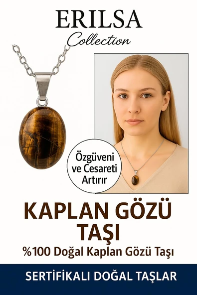 Sertifikalı Oval Kaplan Gözü Taşı Doğal Taş Kolye – Gümüş Aparatlı Cesaret ve Denge Taşı ürün görseli 1