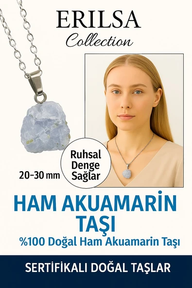 Sertifikalı Ham İşlenmemiş Akuamarin Taşı Kolye – Sakinlik, Akış ve İfade Gücü Taşı ürün görseli 1