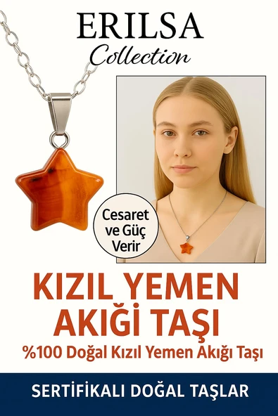 Sertifikalı Yıldız Kesim Kızıl Yemen Akiği Kolye – Nazar ve Stres Karşıtı Doğal Taş ürün görseli 1