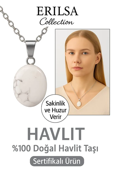 Sertifikalı Oval AAA+ Beyaz Havlit Taşı Doğal Taş Kolye – Stresi Azaltır ve İçsel Sükunet Sağlar ürün görseli 1