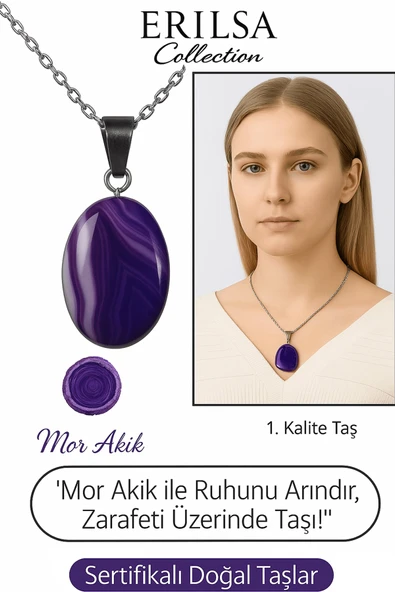 Sertifikalı Oval Mor Akik Taşı Kolye – Gümüş Aparatlı Doğal Şifa ve Zarafet İçin ürün görseli 1