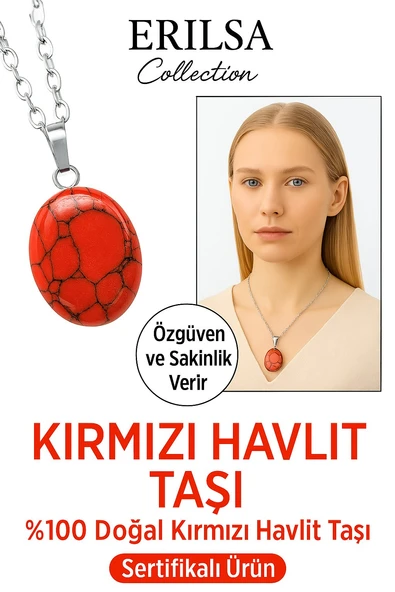 Sertifikalı AAA+ Oval Kırmızı Havlit Taşı Kolye - Gümüş Aparatlı Öfkeyi Azaltır Zihni Sakinleştirir ürün görseli 1