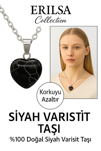 Sertifikalı Kalp Model Siyah Varisit Taşı Kolye – Korkuyu Azaltan ve Sakinleştiren Taş ürün görseli 1