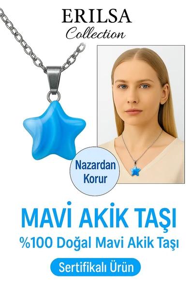 Sertifikalı Yıldız Kesim Mavi Akik Taşı Kolye – Doğal Sakinlik ve İletişim Taşı ürün görseli 1