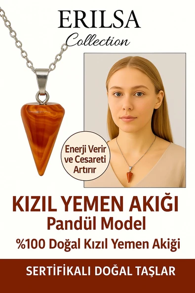 Sertifikalı Pandül Model Kızıl Yemen Akiği Kolye – Nazar ve Stres Karşıtı Koruma Taşı ürün görseli 1