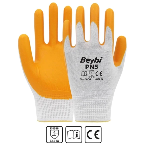 Beybi Nitril PMK PN5 Beyaz Sarı Örme Polyoster Nitril  9 Beden 12li Paket EN388 (3121X) ürün görseli 1
