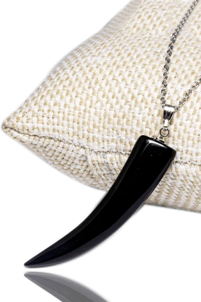 Sertifikalı Boynuz Kesim Doğal Obsidyen Taşı Kolye Doğal Siyah Renk 45 cm ürün görseli 1