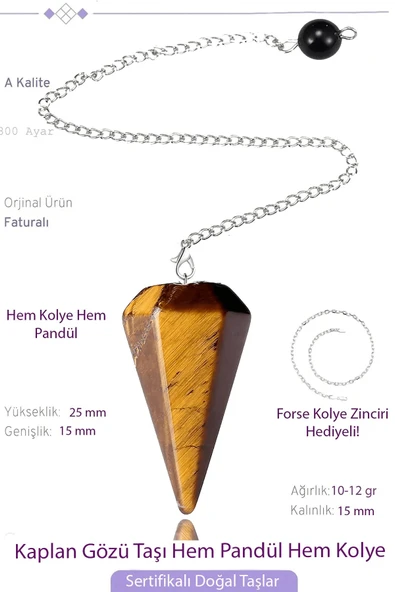Sertifikalı Kaplan Gözü Taşı Pandül Sarkaç Hem Pandül - Hem Kolye Doğal Kahverengi Sarı Renk Tek Ebat ürün görseli 1