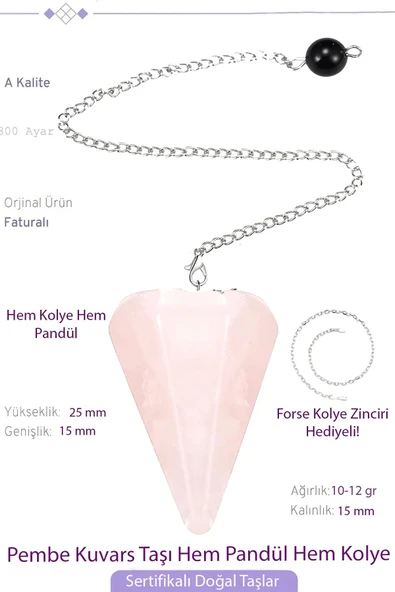 Sertifikalı Pembe Kuvars Taşı Pandül Sarkaç Hem Pandül - Hem Kolye Doğal Pembe Renk 40 cm ürün görseli 1