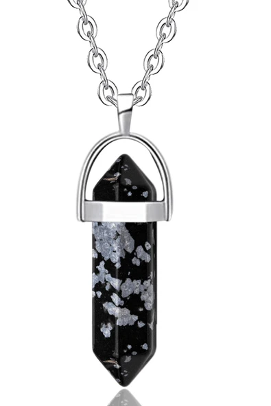 Sertifikalı Çivi Model Karlı Obsidyen Taşı Kolye Doğal Siyah Gri Renk 50 cm ürün görseli 1