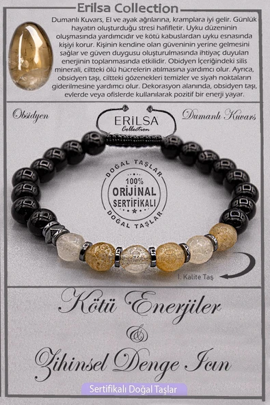 Sertifikalı AAA+ Kalite Obsidyen - Dumanlı Kuvars Şifa Bilekliği – Enerji ve Zihinsel Denge İçin ürün görseli 1