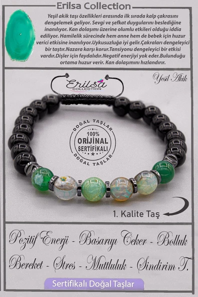 Sertifikalı AAA+ Kalite Gerçek Obsidyen - Yeşil Akik Taşı Bileklik ürün görseli 1